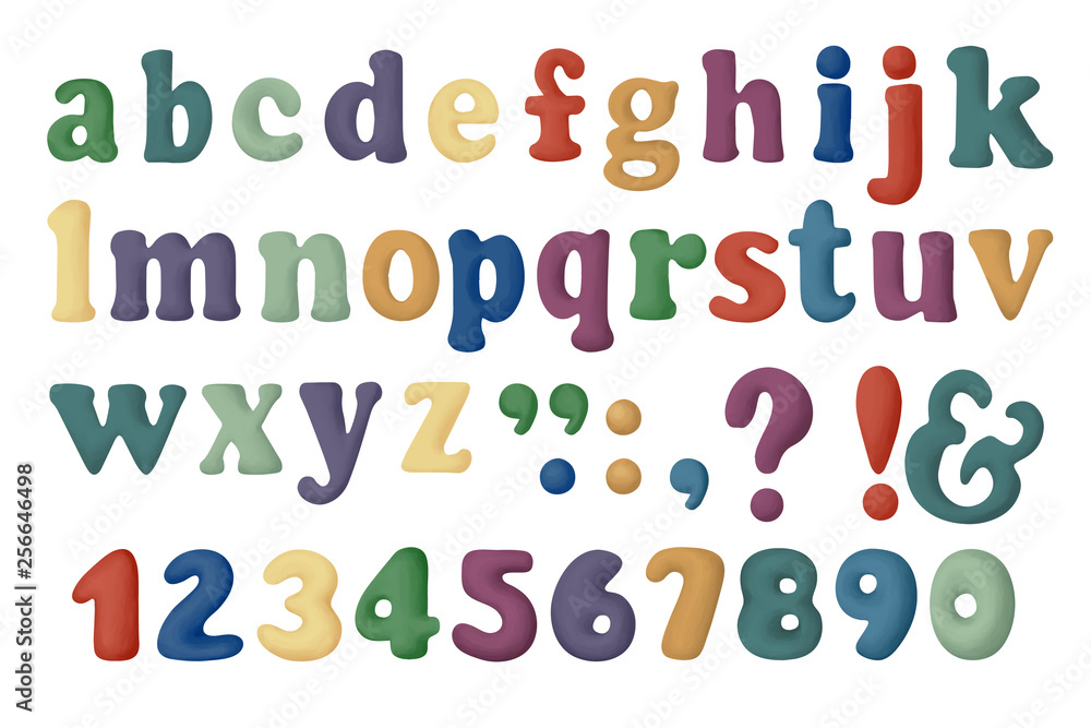 Cute bold colored latin alphabet in baby style, small letters and numbers, painted font on white background