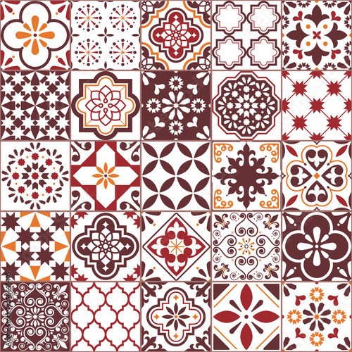 Lisbon Azulejos tile vector pattern, Portuguese or Spanish retro old tiles mosaic, Mediterranean seamless brown design