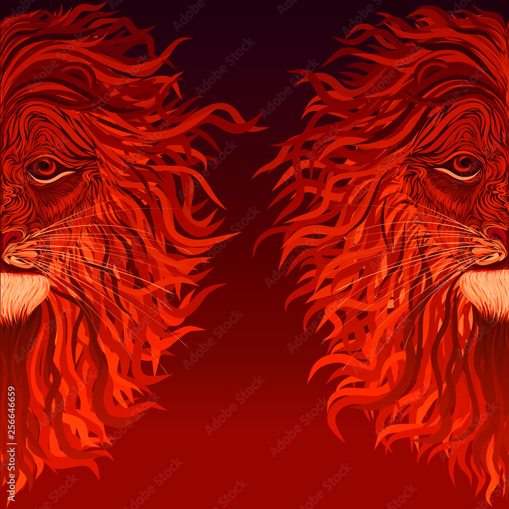 fire lion with a mane like a flame, red background with a pattern fire lion with a mane like a flame, red background with a pattern