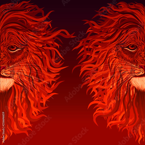 fire lion with a mane like a flame, red background with a pattern