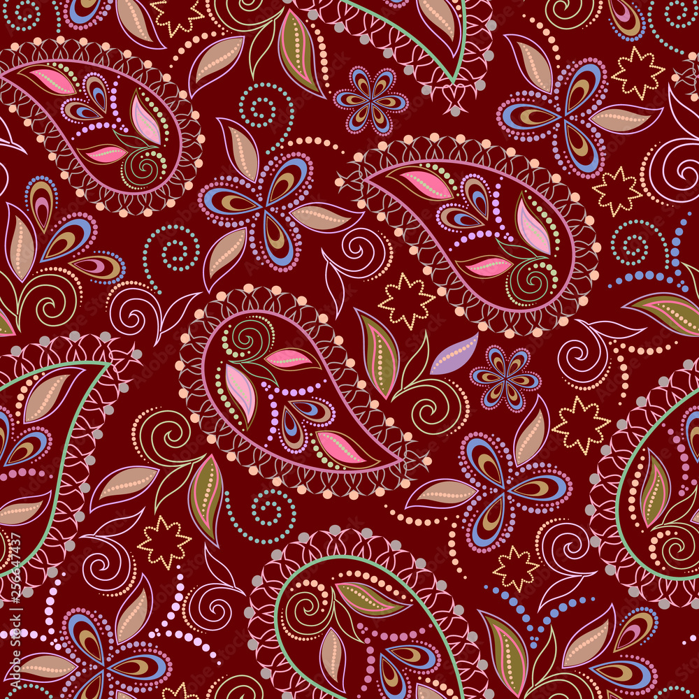 Fototapeta premium Seamless geometric pattern with paisley and flowers. Vector backgroun