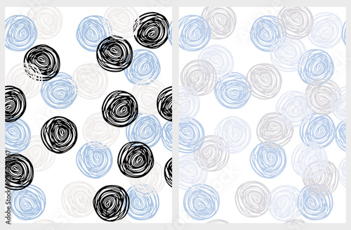 Sketched Abstract Dots Vector Pattern. Black, Blue and Gray Circles on a White Background. Funny Irregular Dotted Repeatable Design.Lovely Pastel Color Polka Dots Graphic.Cute Hand Drawn Geometric Art