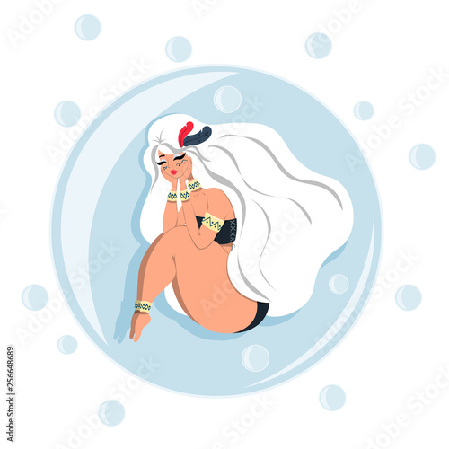 A girl with beautiful white hair and ornaments on the skin lies in a fetal position in a bubble.