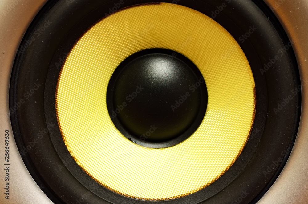 High quality loudspeakers in recording studio. Professional hi-fi cabinet speaker box. Audio equipment for record studios and concert stage. Concept of visualization of the volume of music. Close up High quality loudspeakers in recording studio. Professional hi-fi cabinet speaker box. Audio equipment for record studios and concert stage. Concept of visualization of the volume of music. Close up