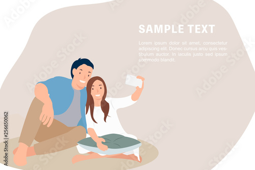 Cartoon people character design banner template selfie with lover, young couple taking picture happily