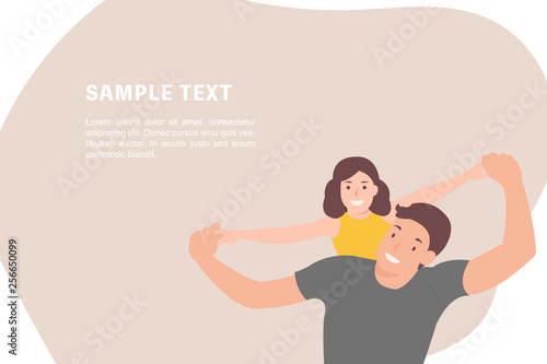 Cartoon people character design banner template young father carrying daughter on his back happily