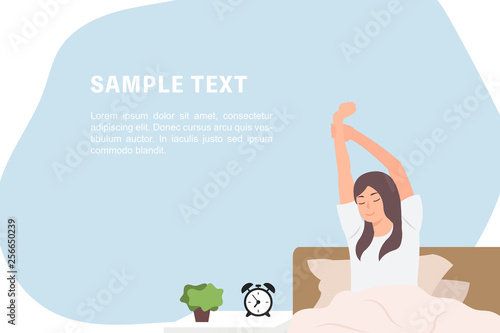 Cartoon people character design banner template woman stretching after sleep resting in bed in the lovely morning