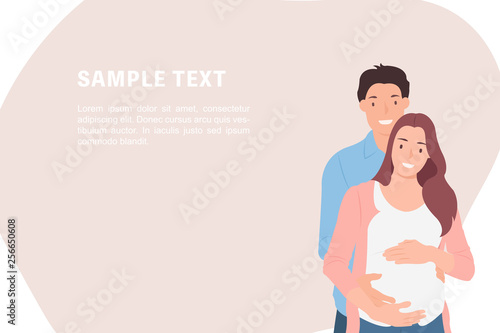 Cartoon people character design banner template loving husband embracing his pregnant wife