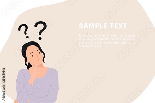 Cartoon people character design banner template question marks with young Asian woman in a thoughtful pose