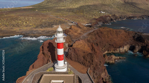 Aerial view of the lighthouse Teno on The Tenerife, Canary Islands, Spain. Wild Coast of the Atlantic Ocean