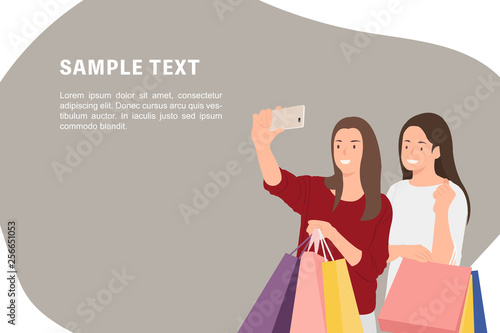 Cartoon people character design banner template female friends shopping and taking selfie photos happily