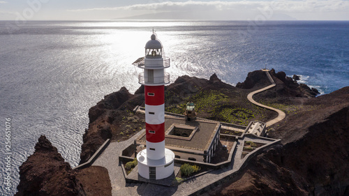 Aerial view of the lighthouse Teno on The Tenerife, Canary Islands, Spain. Wild Coast of the Atlantic Ocean