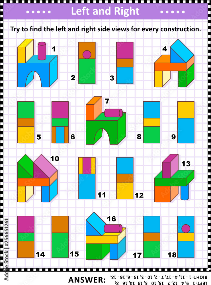 Educational math puzzle: Try to find the left and right side views for every construction. Answer included. Educational math puzzle: Try to find the left and right side views for every construction. Answer included.