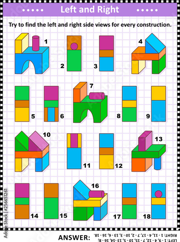 Educational math puzzle: Try to find the left and right side views for every construction. Answer included.
