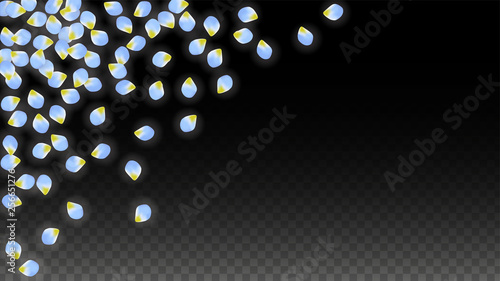 Vector Realistic Blue Petals Falling on Transparent Background.  Spring Romantic Flowers Illustration. Flying Petals. Sakura Spa Design. Blossom Confetti.