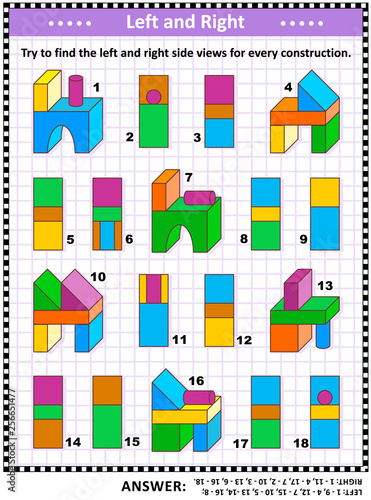 Educational math puzzle: Try to find the left and right side views for every construction. Answer included.