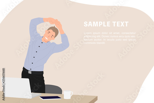Cartoon people character design banner template businessman exercising during break by the working desk in the office