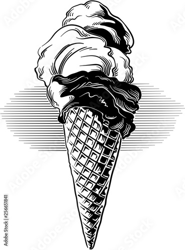 Ice cream cone with various flavors, black and white vector.