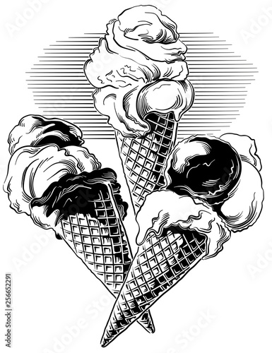 Three ice cream cones with various flavors, black and white vector.