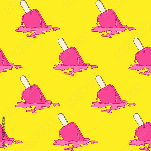 Seamless pattern with pink ice cream dropped and melting on the floor isolated on bright yellow background. Cute popsicle wallpaper. Vector illustration.