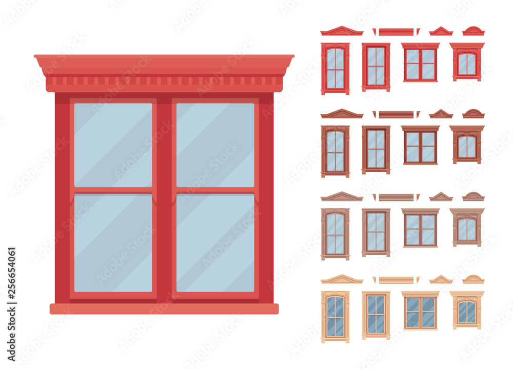 Window for building fitted with glass in a frame. Set with carved decorative platbands. Home, office design for residential project. Vector flat style cartoon illustration isolated on white background Window for building fitted with glass in a frame. Set with carved decorative platbands. Home, office design for residential project. Vector flat style cartoon illustration isolated on white background