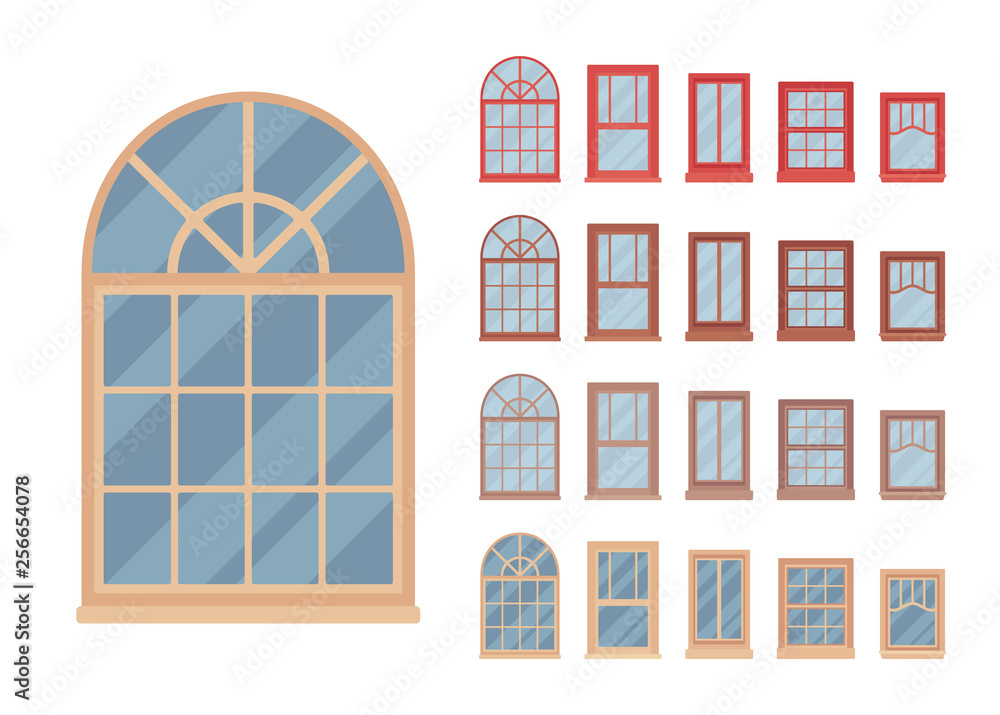 Window for building fitted with glass in a frame. Custom shaped set. Home and office design for residential project. Vector flat style cartoon illustration isolated on white background