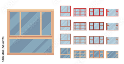 Window for building fitted with glass in a frame. Awning modern look set. Home and office design for residential project. Vector flat style cartoon illustration isolated on white background