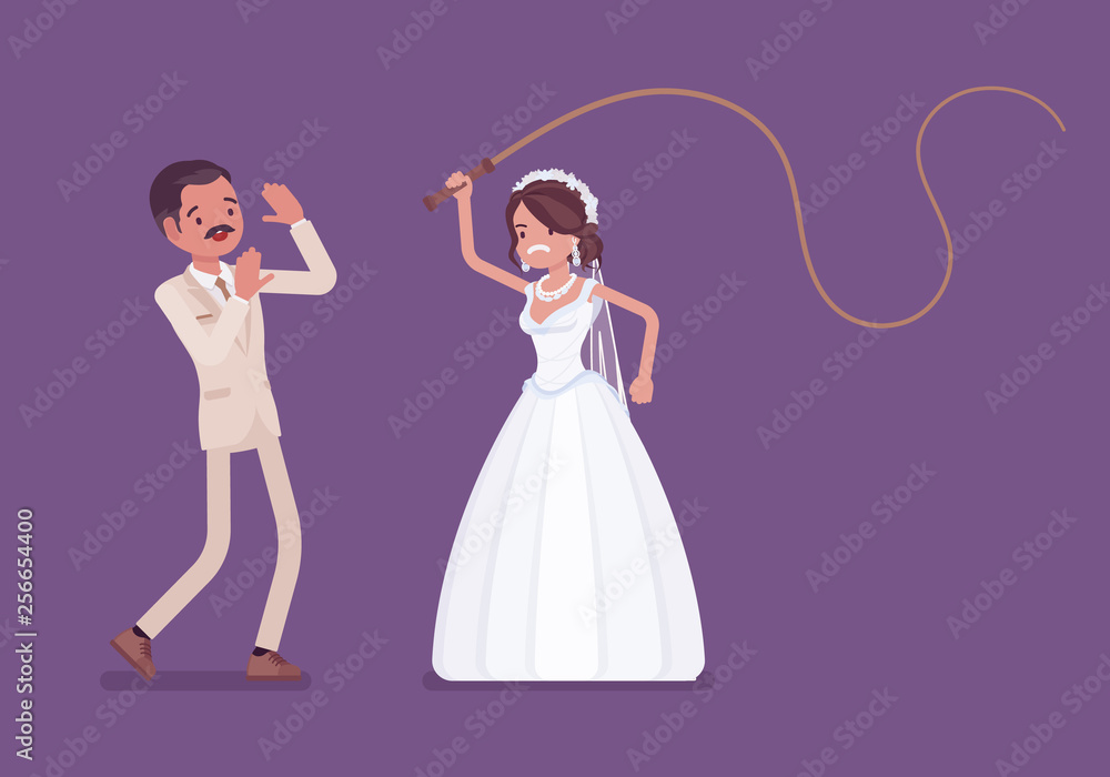 Bride flogging or beating groom with whip. Latin American unhappy man oppressed by woman, traditional celebration, wife in married couple controlling. Marriage customs, traditions. Vector illustration Bride flogging or beating groom with whip. Latin American unhappy man oppressed by woman, traditional celebration, wife in married couple controlling. Marriage customs, traditions. Vector illustration