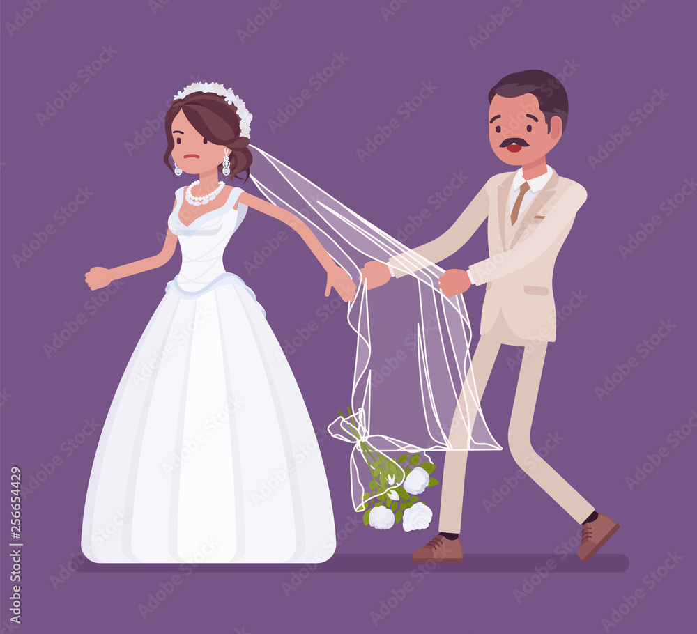 Angry bride leaving groom on wedding ceremony. Latin American unhappy woman in white dress going away from future husband, changing her mind, refusing to marry, break celebration. Vector illustration