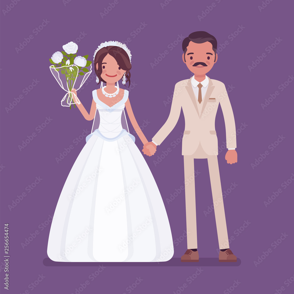 Happy bride, groom holding hands on wedding ceremony. Latin American man, woman in beautiful dress on traditional celebration, married couple in love. Marriage customs, traditions. Vector illustration Happy bride, groom holding hands on wedding ceremony. Latin American man, woman in beautiful dress on traditional celebration, married couple in love. Marriage customs, traditions. Vector illustration