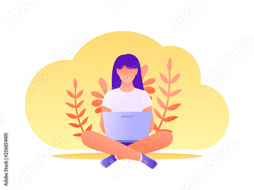 Young woman sitting on the floor with laptop. Freelance, working from home, distance education, shopping online, surfing the internet. Flat vector illustration.