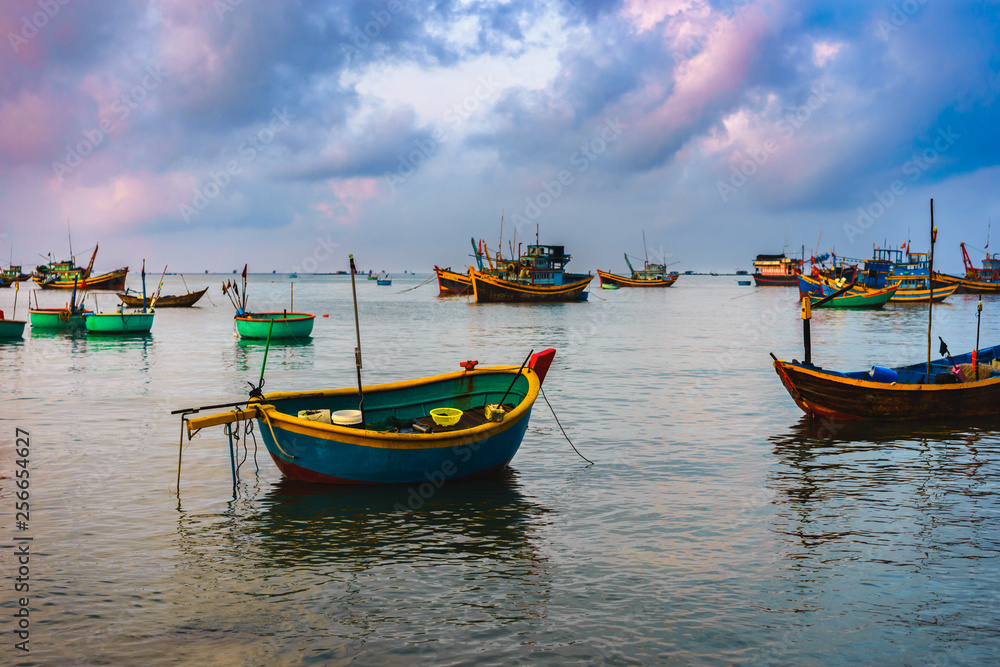 Fototapeta premium fishing village,Landscape with sea and traditional colorful fishing boats 