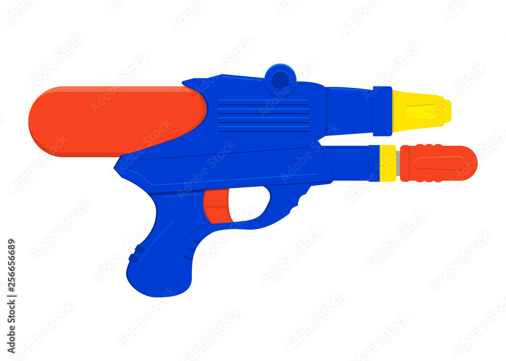 Water gun. Summer toy for kids. Plastic water pistol in flat style. Isolated on white background. Vector illustration. Water gun. Summer toy for kids. Plastic water pistol in flat style. Isolated on white background. Vector illustration.