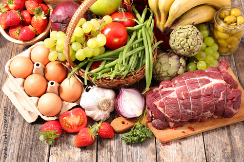 assorted grocery  egg  fruit and vegetable  beef