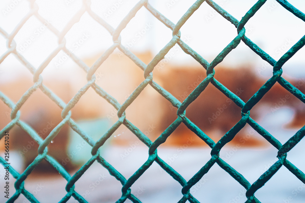 Texture the old cage metal net against sad moody background. Concept of prohibitions and obstacles in the vision of man