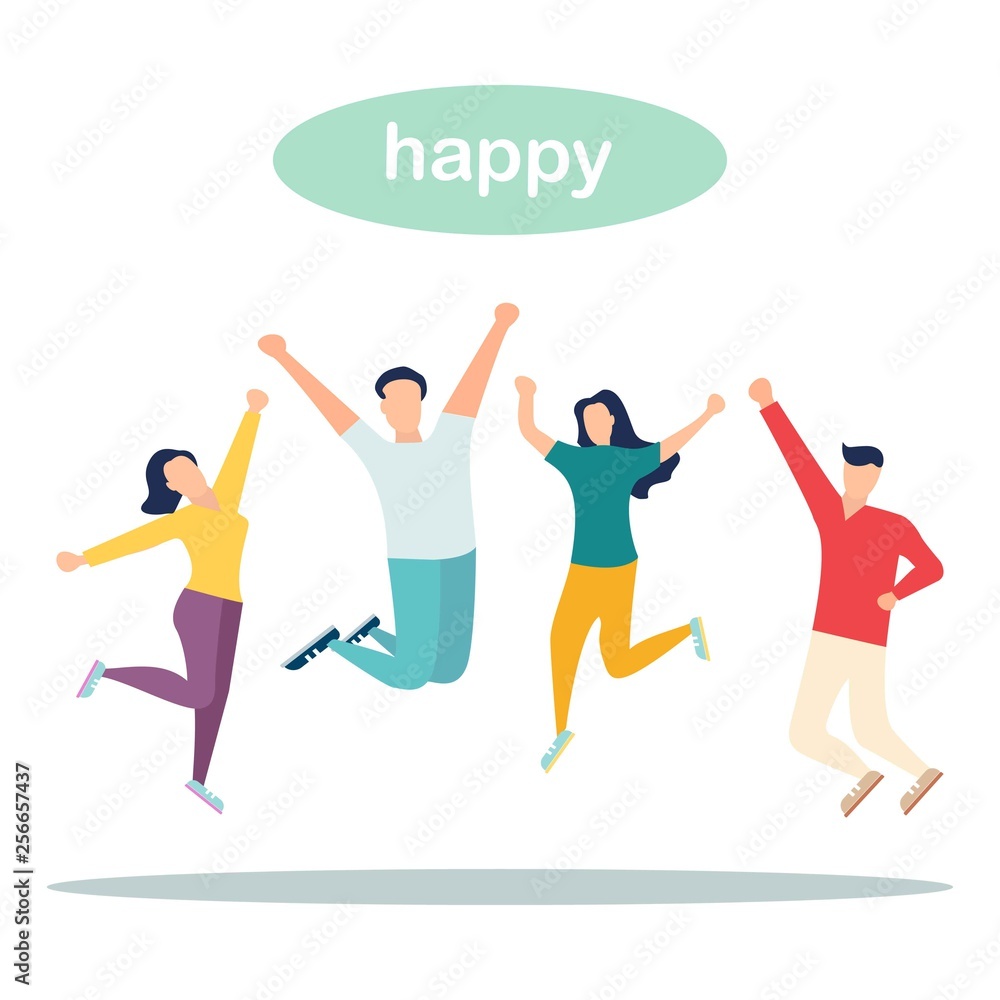 Vector illustrator, a group of happy, jumping people with happinesson a white background.