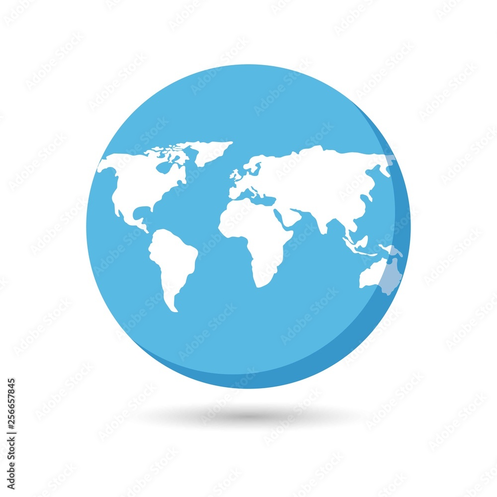 Earth icon, white and blue earth with shadow on white background.