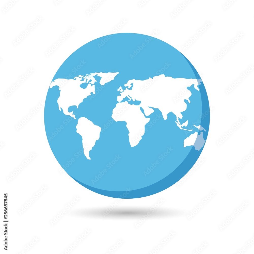 Earth icon, white and blue earth with shadow on white background. Earth icon, white and blue earth with shadow on white background.