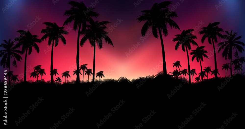 Obraz premium Night landscape with palm trees, against the backdrop of a neon sunset, stars. Silhouette coconut palm trees on beach at sunset. Vintage tone.