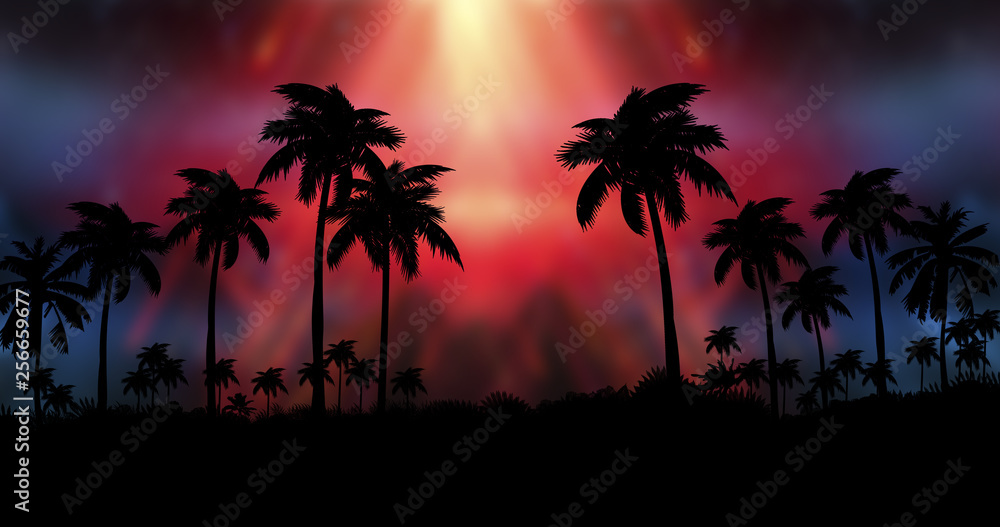 Night landscape with palm trees, against the backdrop of a neon sunset, stars. Silhouette coconut palm trees on beach at sunset. Vintage tone.