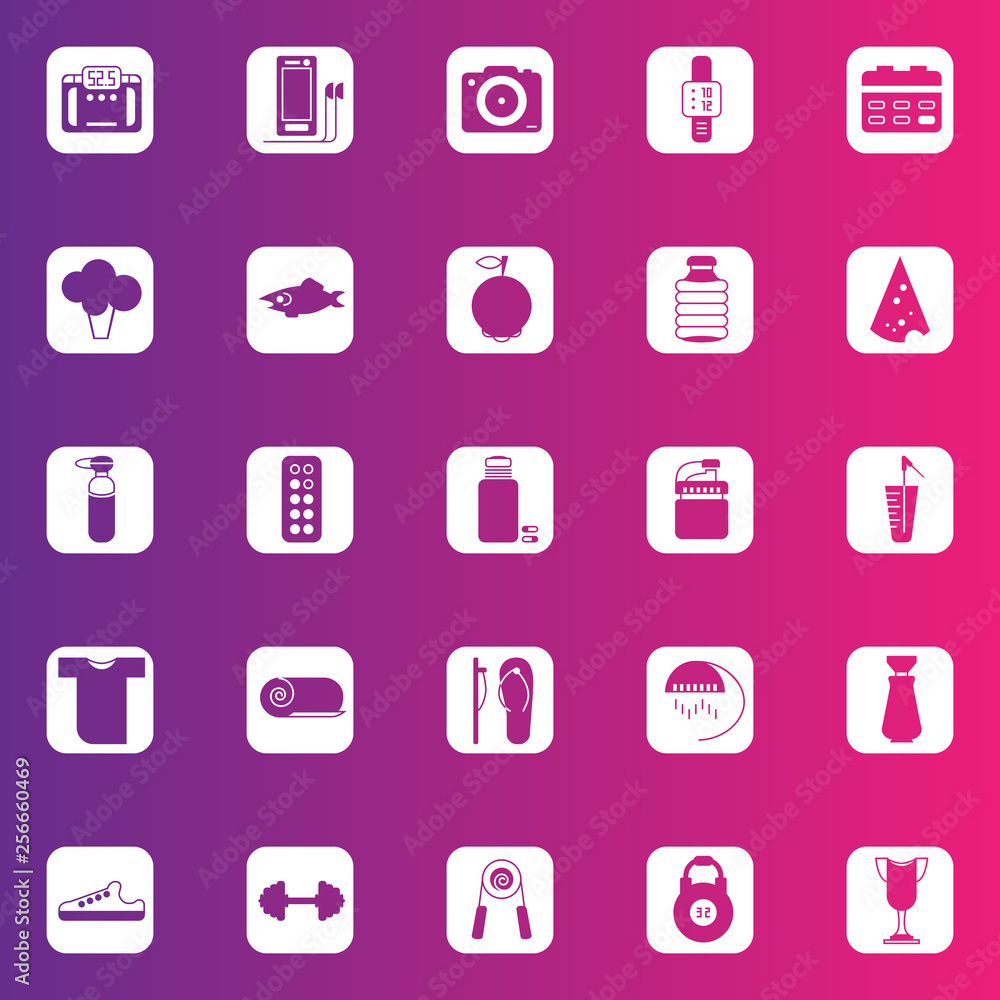 Set of twenty five flat transparent pixel perfect icons with symbols of healthy lifestyle on white plates. Set of twenty five flat transparent pixel perfect icons with symbols of healthy lifestyle on white plates.