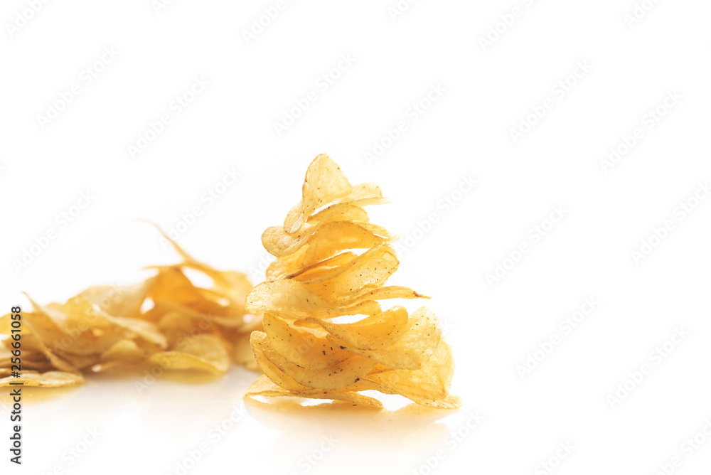potato chips scattered on white background isolate potato chips scattered on white background isolate