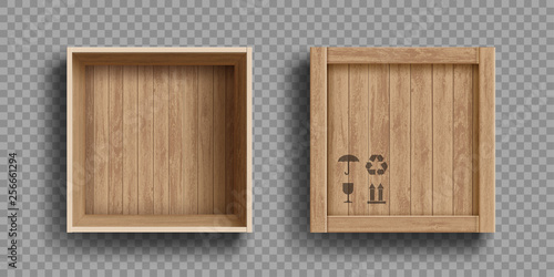 Empty open and closed wooden box. Isolated on a transparent background