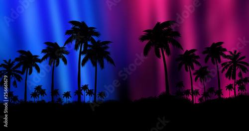 Night landscape with palm trees, against the backdrop of a neon sunset, stars. Silhouette coconut palm trees on beach at sunset. Vintage tone. © MiaStendal