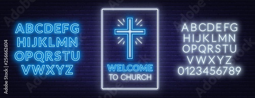 Church cross neon sign. Glowing symbol of the crucifixion with fonts. Welcome To Church.