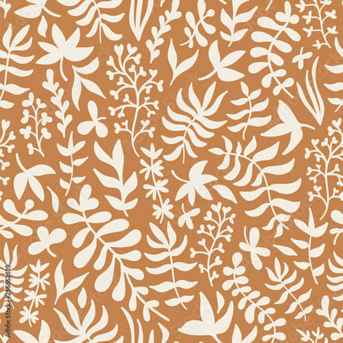 Orange & white leaves and plants seamless vector pattern 