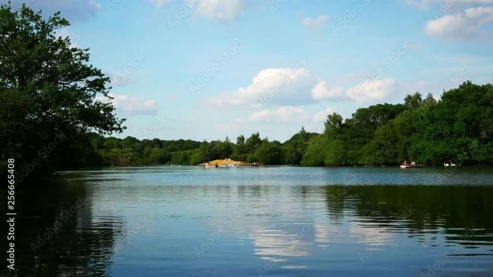 Panoramic view of a lake surrounded by trees with people doing sports. Panoramic view of a lake surrounded by trees with people doing sports.