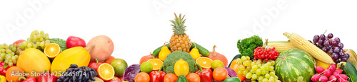 Fruits and vegetables isolated on white background. Panoramic collage. Wide photo with free space for text.