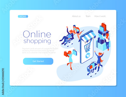 Online shopping. Web page design template. People around intertnet store. Mobile shop. Happy me and women with shoppig cart. Isometric flat 3d illustration for web page or web banner