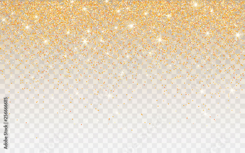Golden glitter sparkle on a transparent background. Gold Vibrant background with twinkle lights. Vector illustration